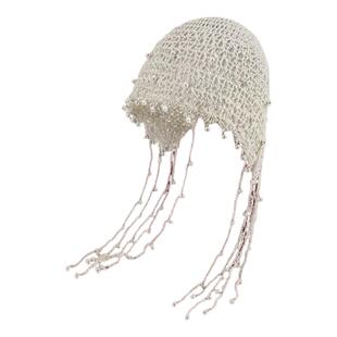 镂空透气珍珠流苏包头帽子女春夏新款民族风手工钩花显脸小针织帽
