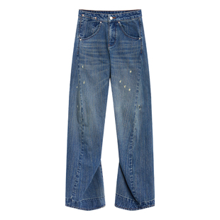 出逃赤岗西 复古蓝微弯刀破洞牛仔裤女竖竹纯棉低腰直筒阔腿裤夏