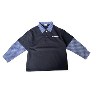 BearKiddo蓝格子polo衫男童假两件叠穿卫衣春秋新款柔软儿童上衣