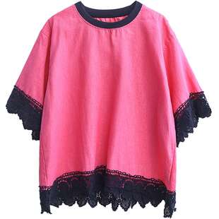 绿素棉 韩版宽松减龄亚麻套头t恤~蕾丝拼接 大码宽松显瘦纯麻上衣