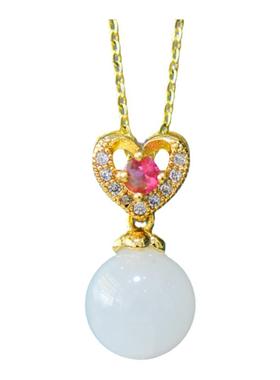 天然新疆金丝玉圆珠吊坠古法银镶白玉挂件时尚颈饰配证书礼盒链子