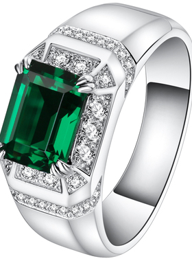 祖母绿水晶绿宝石925纯银男戒指
