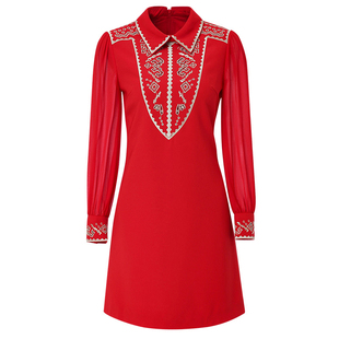 海青蓝新年红色长袖连衣裙2025春装新款重工刺绣镂空翻领显瘦裙子