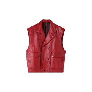 头层绵羊皮宽松显瘦外套机车风雅痞红色皮衣真皮马甲