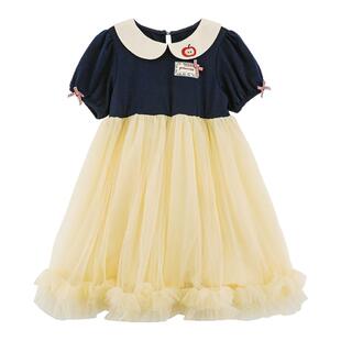 幼悠女童连衣裙夏季新款撞色娃娃领网纱裙抗菌透气柔软亲肤公主裙