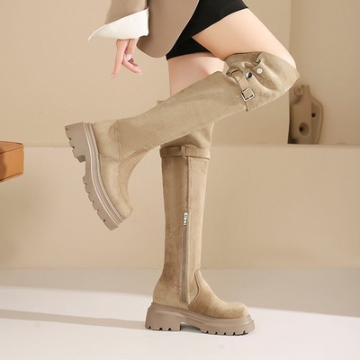 卡其色美拉德靴子女适合粗腿的过膝长筒靴胖mm厚底加绒长靴大码43