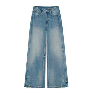 王家有鱼25年秋冬加绒新款复古蓝宽松休闲阔腿裤百搭显瘦牛仔裤女