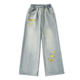 女童加绒裤子2025新款冬装中大童网红绣花直筒阔腿儿童秋冬牛仔裤