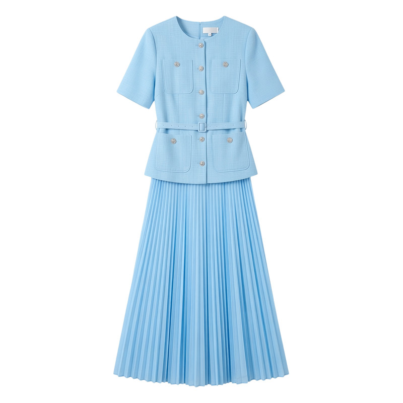 法式小香风假两件收腰百褶连衣裙
