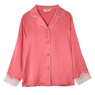 美标真丝睡衣女士100%桑蚕丝家居服套装长袖七分裤夏季丝绸蕾丝边