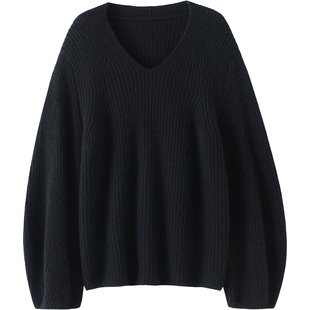 温暖如斯!V领阔袖粗针山羊绒衫100纯羊绒女毛衣针织衫宽松秋冬季