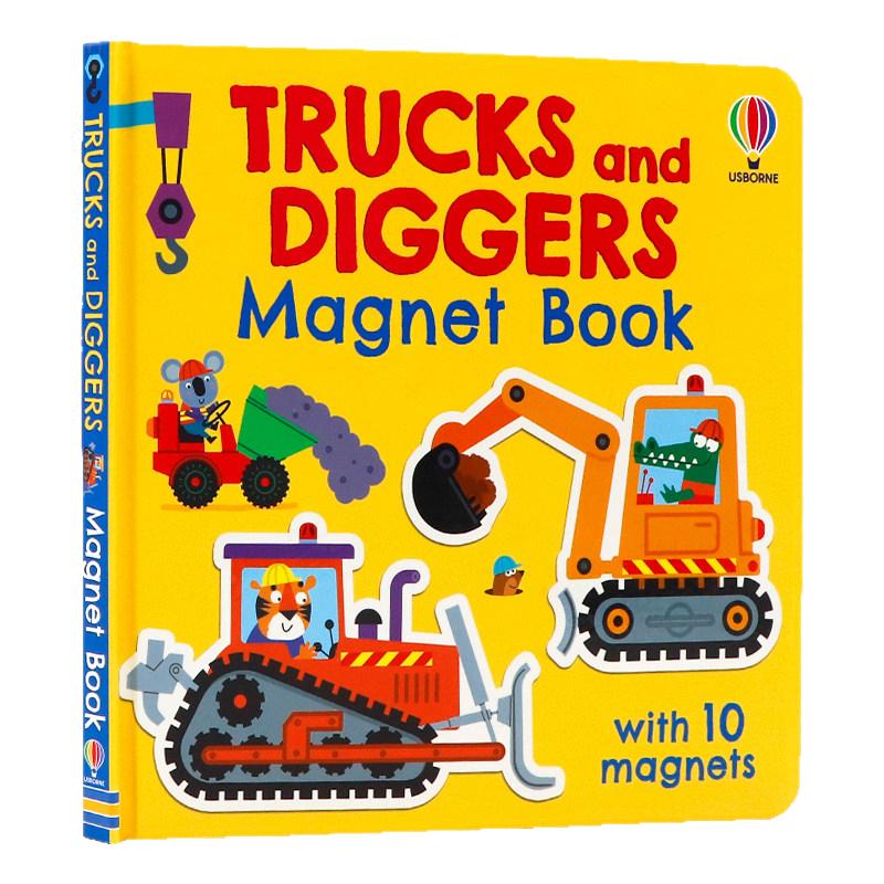 Usborne 工程车辆磁力游戏书 英文原版绘本 Trucks and Diggers Magnet Book 幼儿早教益智读物 低幼宝宝交通工具认知 可反复粘贴
