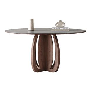 中古风实木餐桌圆桌小户型现代简约灰色高端全托北欧圆形岩板餐桌