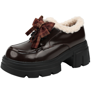 红粉知己2025冬新款复古加绒厚底增高6.5CM乐福鞋女时尚JK小皮鞋