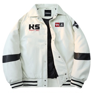 Kawasaki 川崎 90鸭绒机车风刺绣字母防风保暖PU皮赛车翻领羽绒服