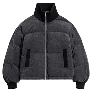 马登90白鸭绒灰色灯芯绒高立领短款加厚保暖面包羽绒服外套女士冬