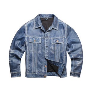 复古石磨做旧手工擦色风暴骑士真皮皮衣男牛皮翻领休闲皮夹克外套