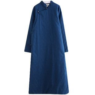 民国风中式棉袄中国风男装加长复古棉袍亚麻禅服男秋冬季居士服男