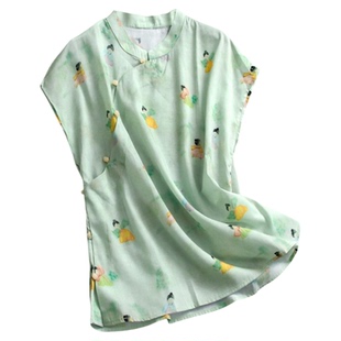 新中式宽松唐装旗袍领印花改良汉服禅意茶服夏季新款女装衬衫C650