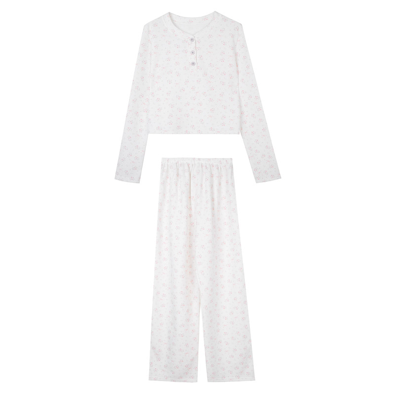 馨帮帮Homedress 华夫格碎花睡衣女长袖短裤甜美套头家居服套装秋