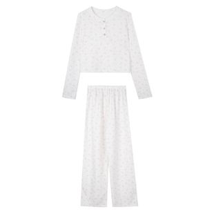 馨帮帮Homedress 华夫格碎花睡衣女长袖短裤甜美套头家居服套装秋
