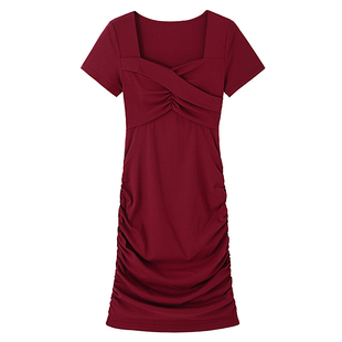 修身裙子气质显身材连衣裙性感方领显胸褶皱设计感显瘦包臀短裙夏