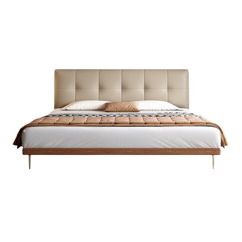 超薄床头小户型真皮床现代简约1米8主卧双人床中古风软包实木婚床