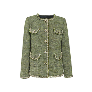 BeQueenStory25秋冬新款绿格纹钢花呢亮片编织饰边小香千金风外套