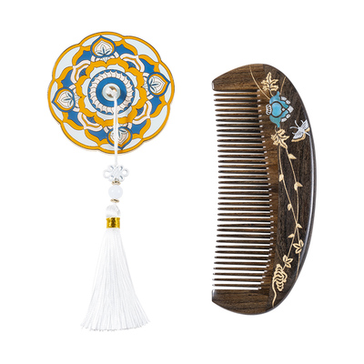 中国国家博物馆好运连连镜梳套装国风木梳铜镜创意螺钿结婚礼物