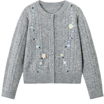 乐町甜美花朵刺绣针织开衫秋季新款内搭韩系宽松绞花毛衣外套