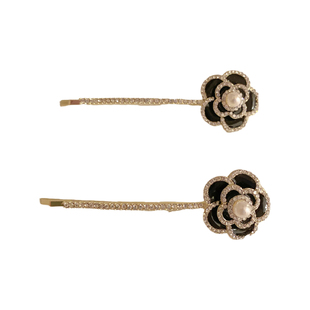 奢华奢侈高端黑色山茶花刘海发夹女头顶一字夹后脑勺精致珍珠夹子