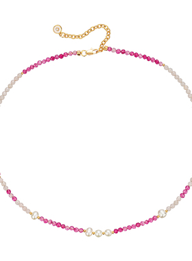 玫红色天然石珍珠串珠项链女