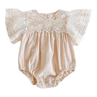 婴儿装女宝宝连体衣外出服2022新款周岁服新生儿春夏款蕾丝袖爬服