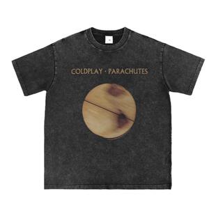 Coldplay直喷水洗做旧复古灰美式街头朋克摇滚乐队宽松长短袖T恤