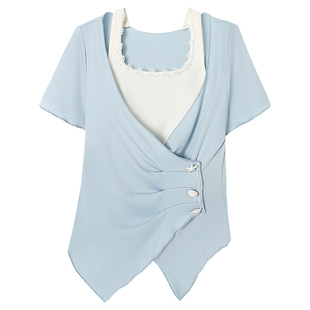 慕兔法式假两件拼接方领t恤女2025夏季新款别致不规则收腰短上衣