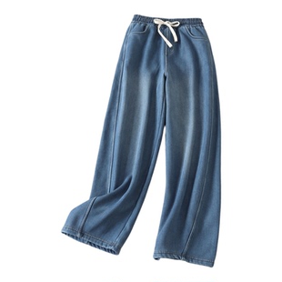780克~超厚加绒天丝莱赛尔牛仔弯刀裤女高腰显瘦宽松休闲长裤B89