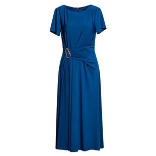 罗衣气质金属扣收腰针织连衣裙女夏法式褶皱蓝色大摆中长裙12037