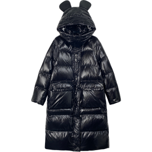 黑色亮面羽绒服女中长款2025冬季新款韩版连帽过膝白鸭绒加厚外套