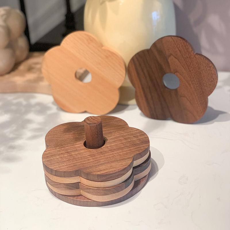 花朵实木餐桌隔热垫高级黑胡桃木餐垫套装厨房木质砂锅碗垫餐具垫