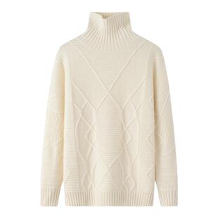 阿绒源100山羊绒立领绞花女套内蒙古发货白色宽松慵懒风休闲毛衣