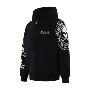 拔尖儿美式街头哥特风骷髅设计感开衫连帽毛衣男女宽松针织衫外套