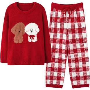 马克公主新婚情侣睡衣女秋冬半边绒加厚可爱红色本命年家居服男款