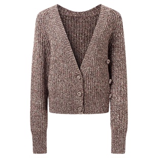 ChicChick时髦小鸡 意大利驼色浣熊绒含羊毛精纺亮片斜肩毛衣开衫