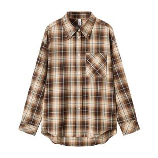 森马长袖衬衫女中长款慵懒宽松落肩休闲秋季chic复古格纹衬衣潮流