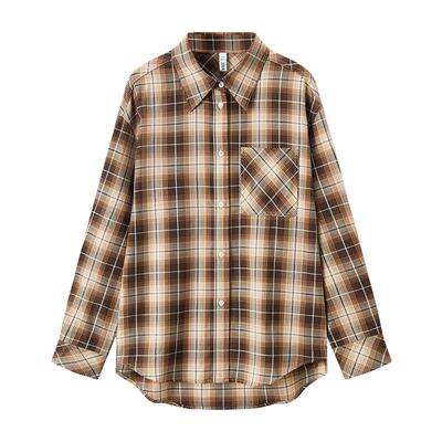 森马格纹宽松中长款长袖衬衫女