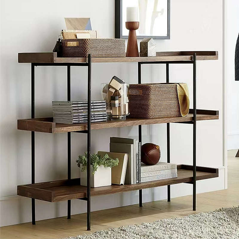 简约现代铁艺实木书架落地搁板置物架餐边柜家用陈列架收纳展示架