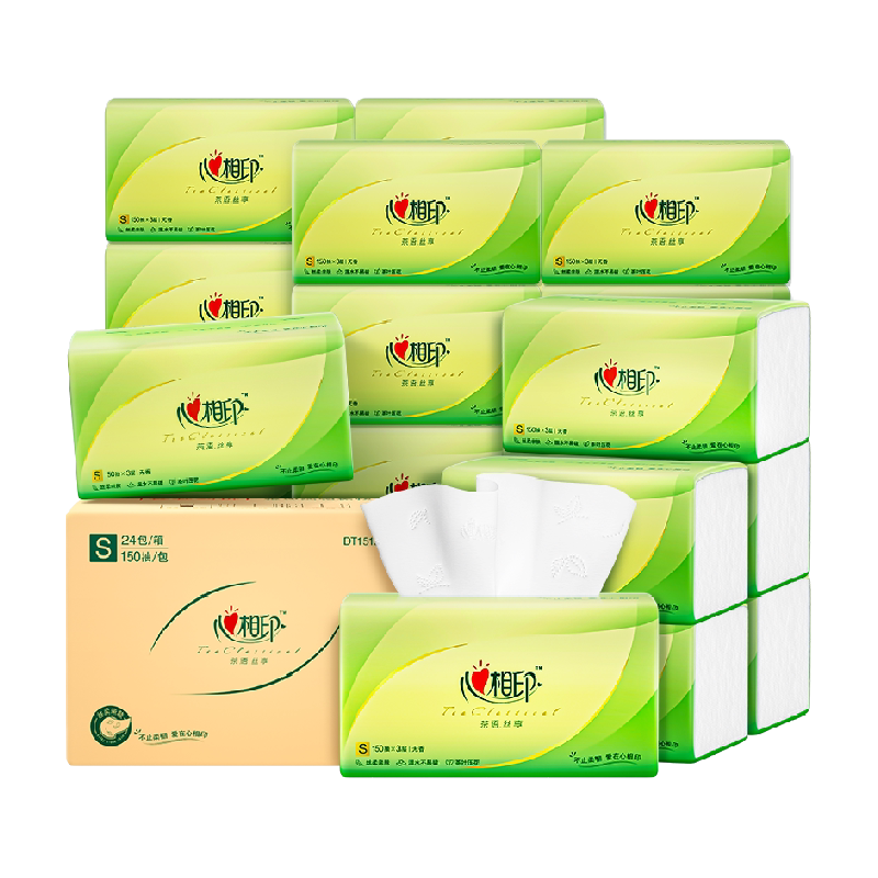 心相印茶语丝享抽纸3层S码卫生纸巾家用餐巾纸整实惠装150抽24包