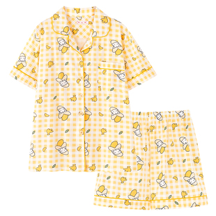 纯棉ganadi睡衣女款夏季短袖奶黄色韩版可爱家居服宽松显瘦慵懒风