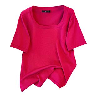 高端方领上衣胖MM独特200斤大码女装夏季遮肚短袖宽松针织线衣T恤