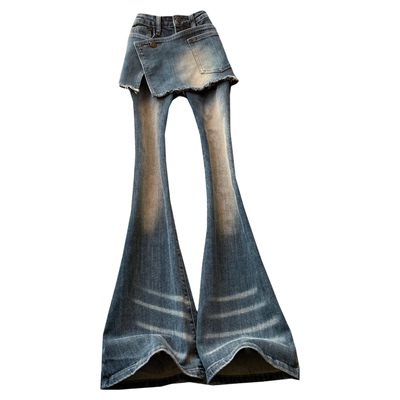 复古做旧假两件微喇牛仔裤女春秋